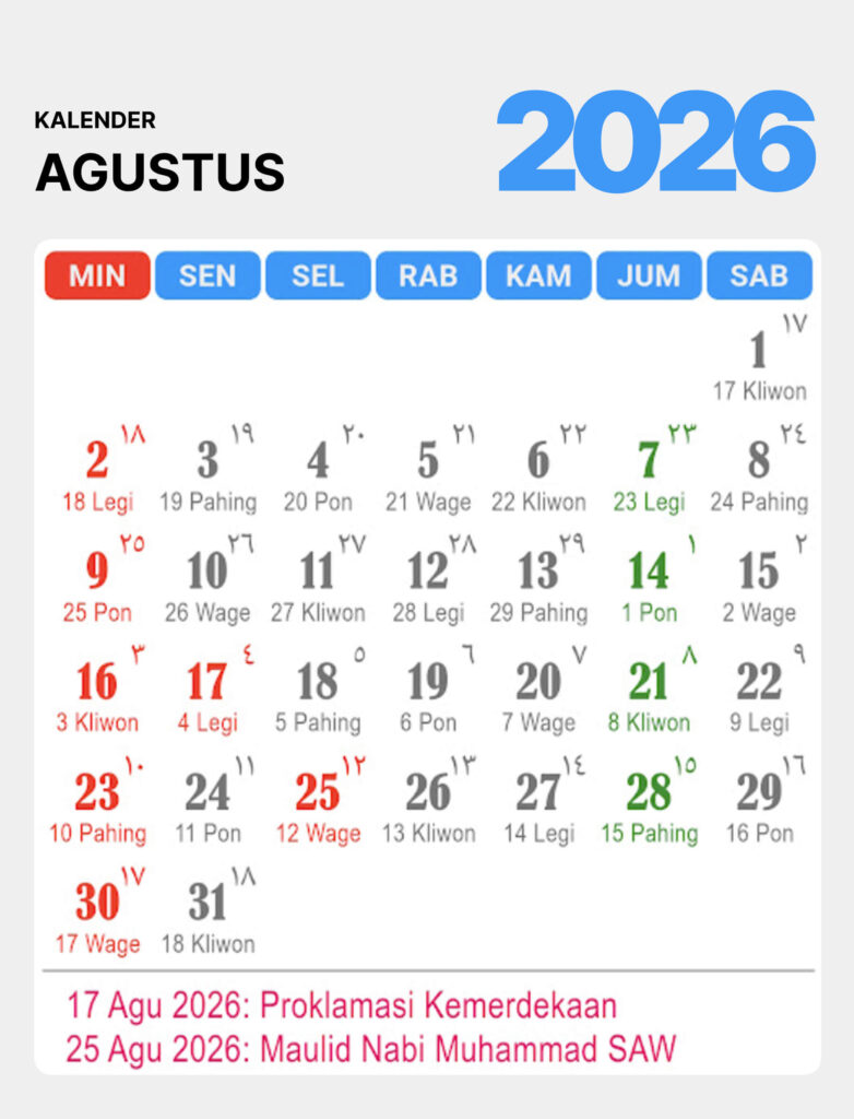Kalender Bulan Agustus 2026